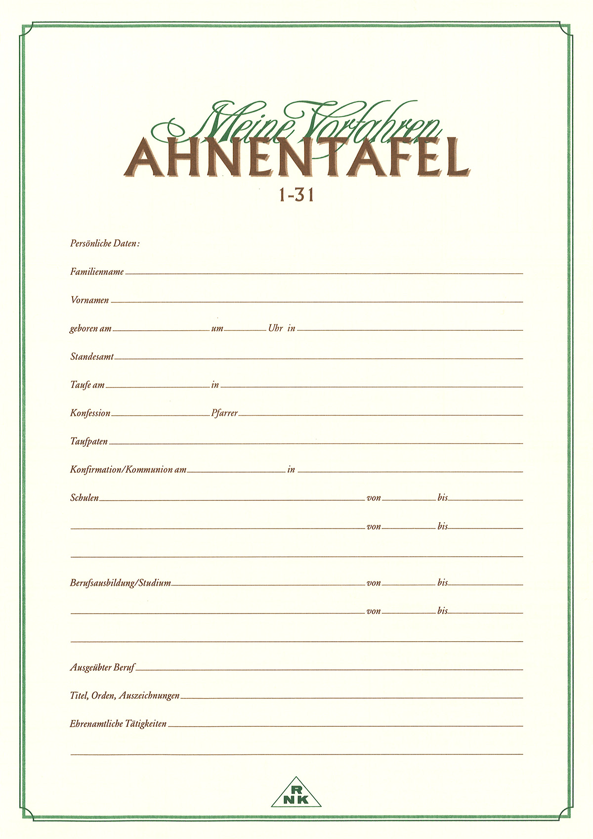 Ahnentafel „Meine Vorfahren” für 5 Generationen