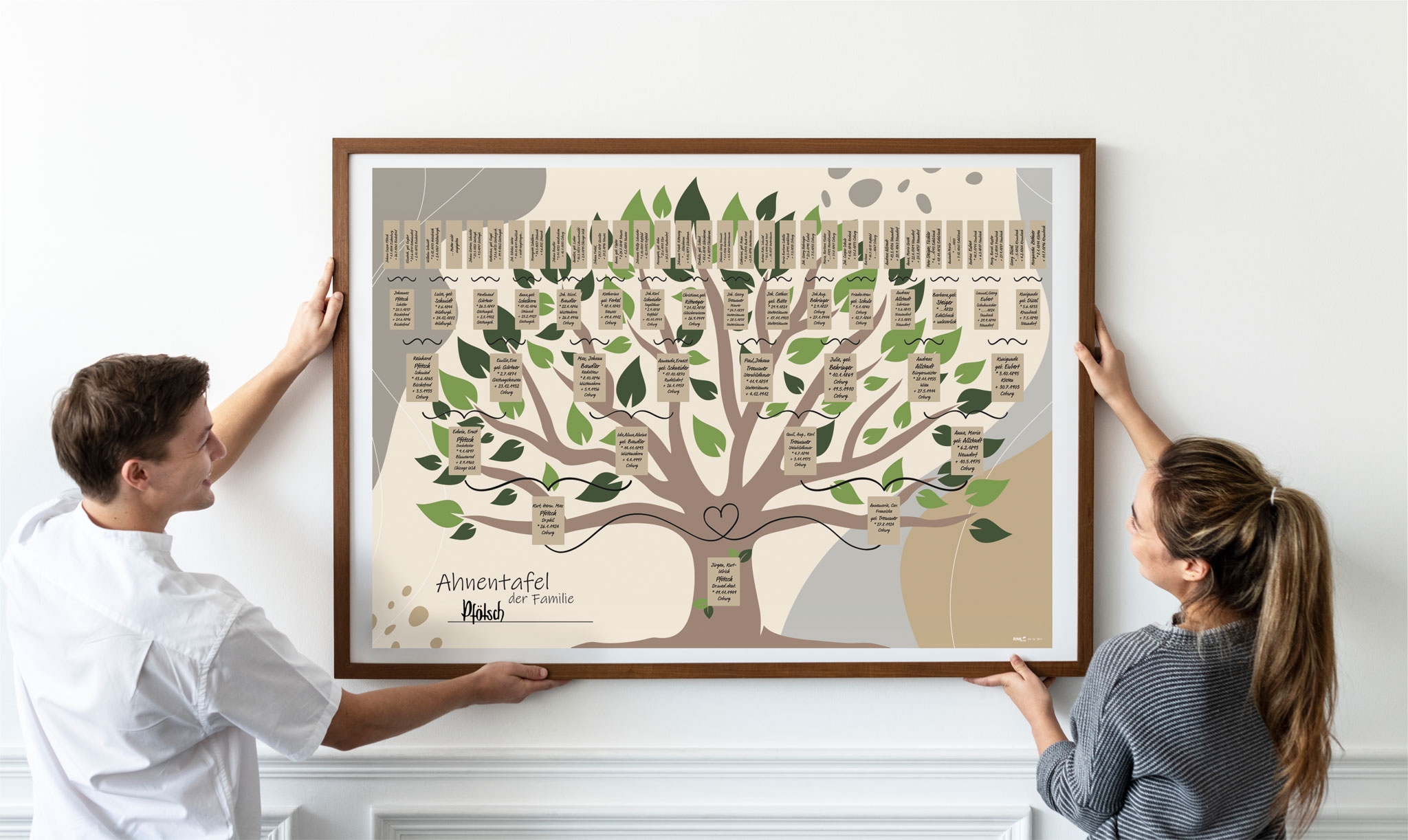Schmuck-Ahnentafel "Illustrierter Baum" für 6 Generationen gerollt