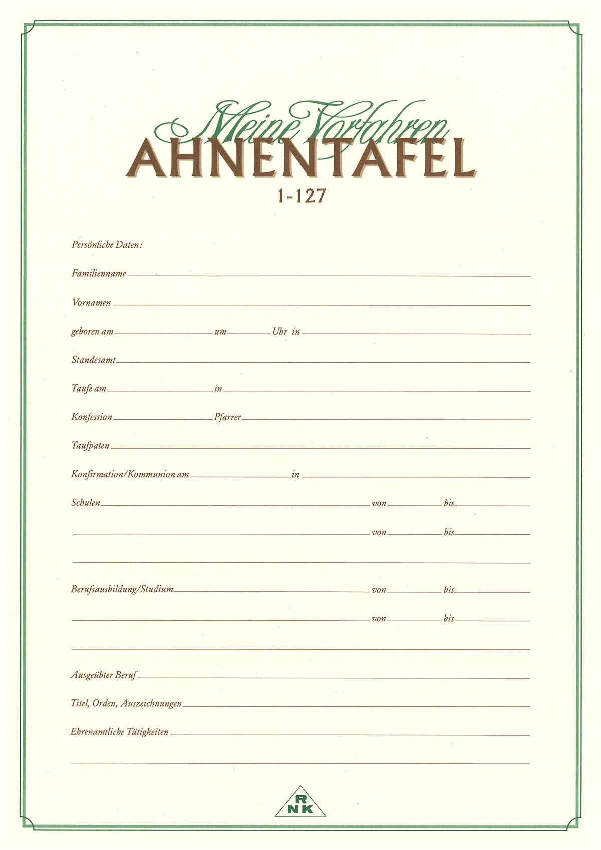 Ahnentafel "Meine Vorfahren" für 7 Generationen