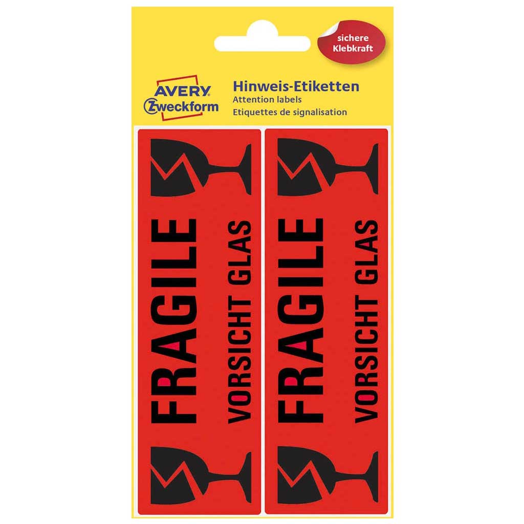10 Avery Warnhinweise 119 x 38 mm, Aufdruck "Vorsicht Glas"