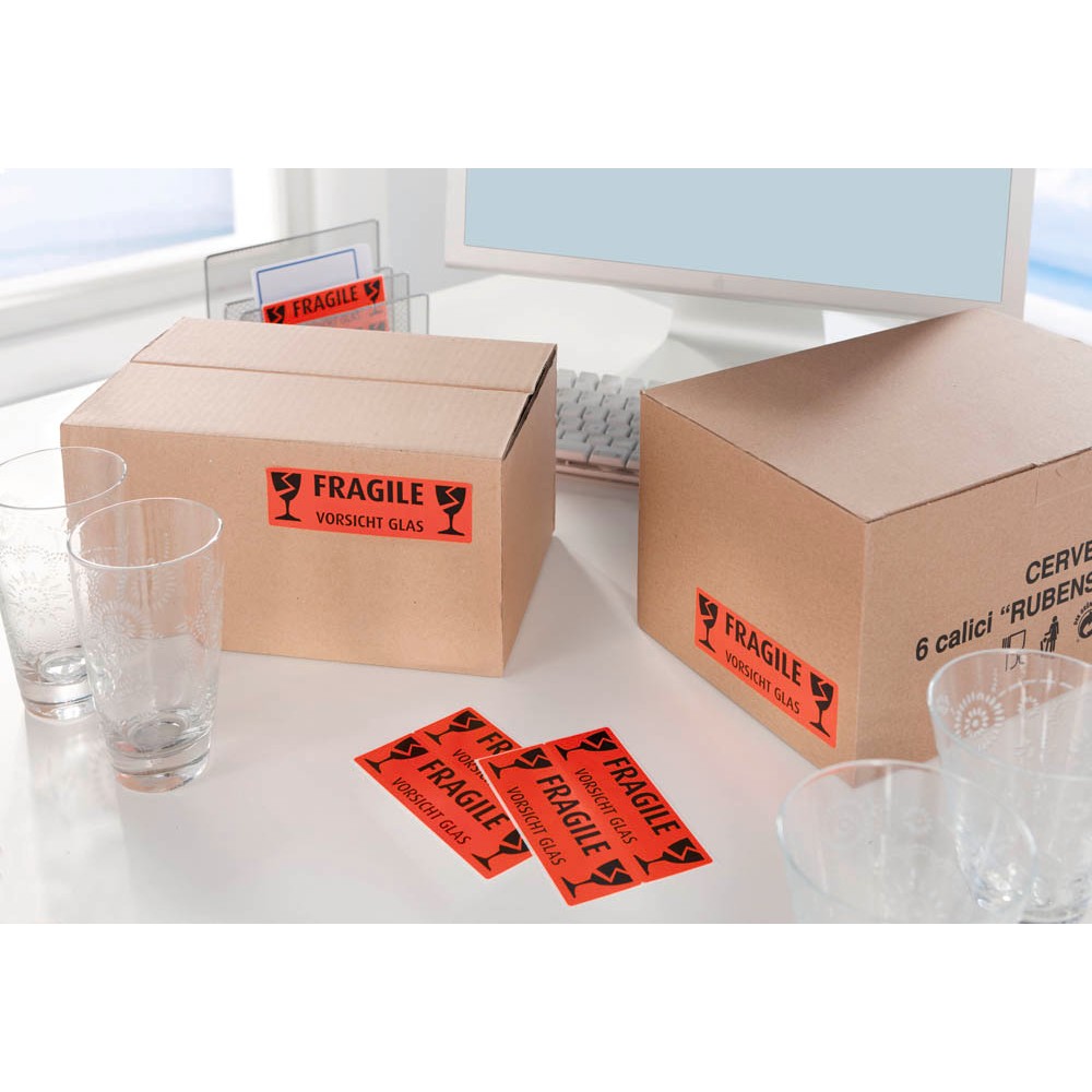 10 Avery Warnhinweise 119 x 38 mm, Aufdruck "Vorsicht Glas"