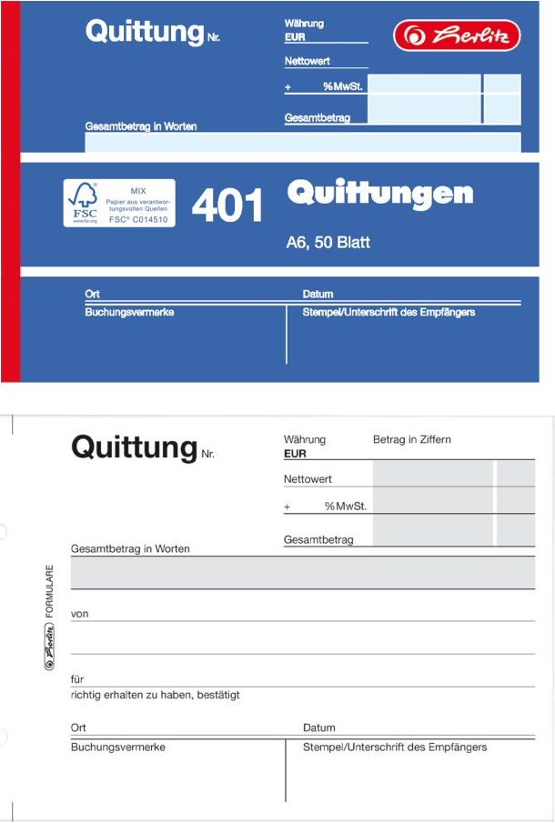 Herlitz Quittungsblock 401 A6 50 Blatt FSC